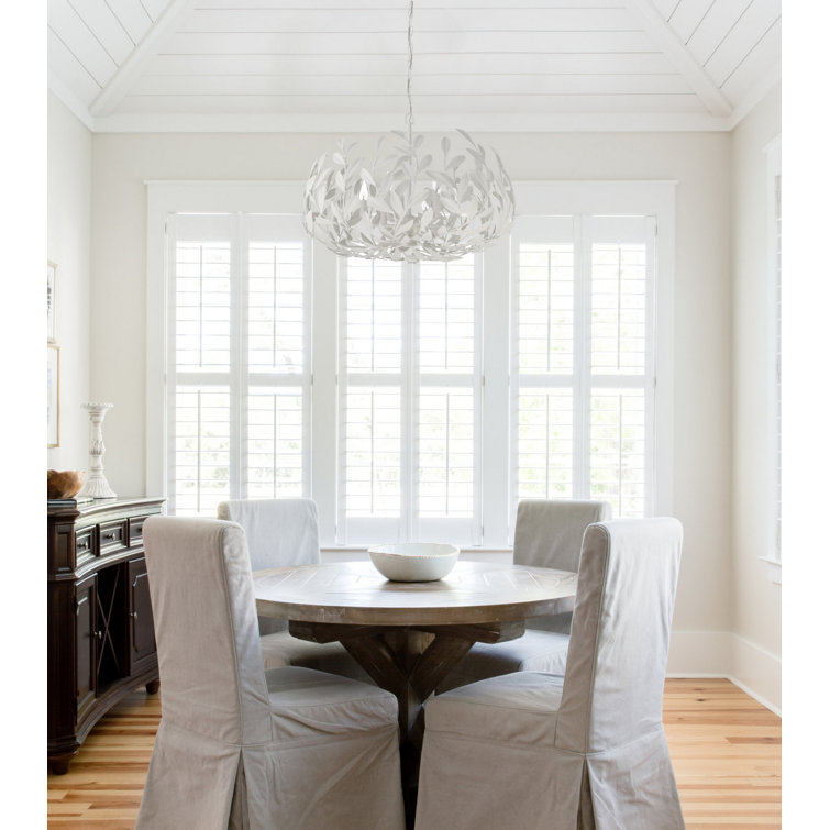 Matte White Steel Globe Chandelier with Leaf Design