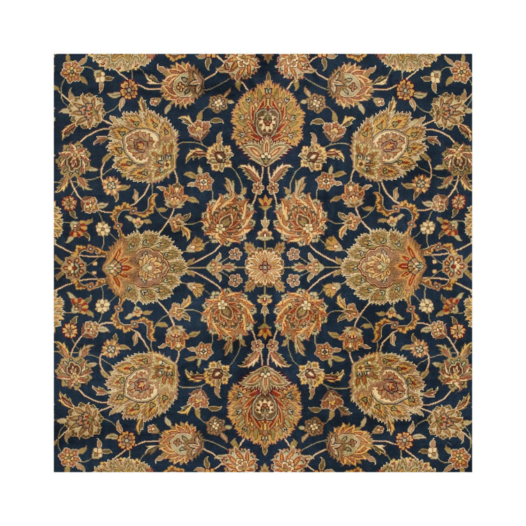 Elegant Kerman Blue and Red Hand-Knotted Wool Round Rug