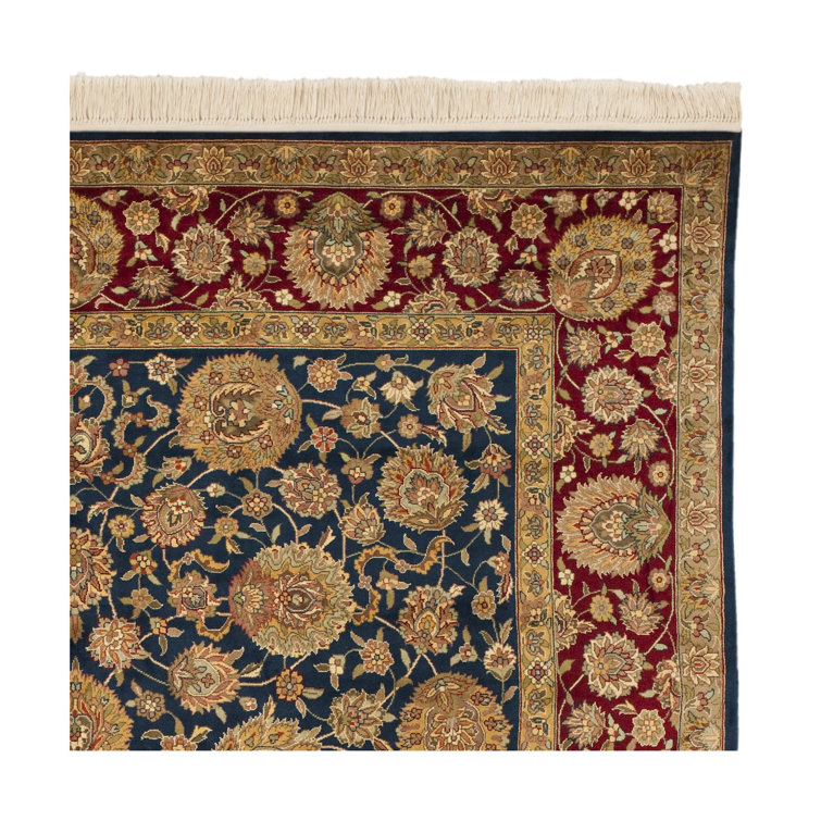 Elegant Kerman Blue and Red Hand-Knotted Wool Round Rug