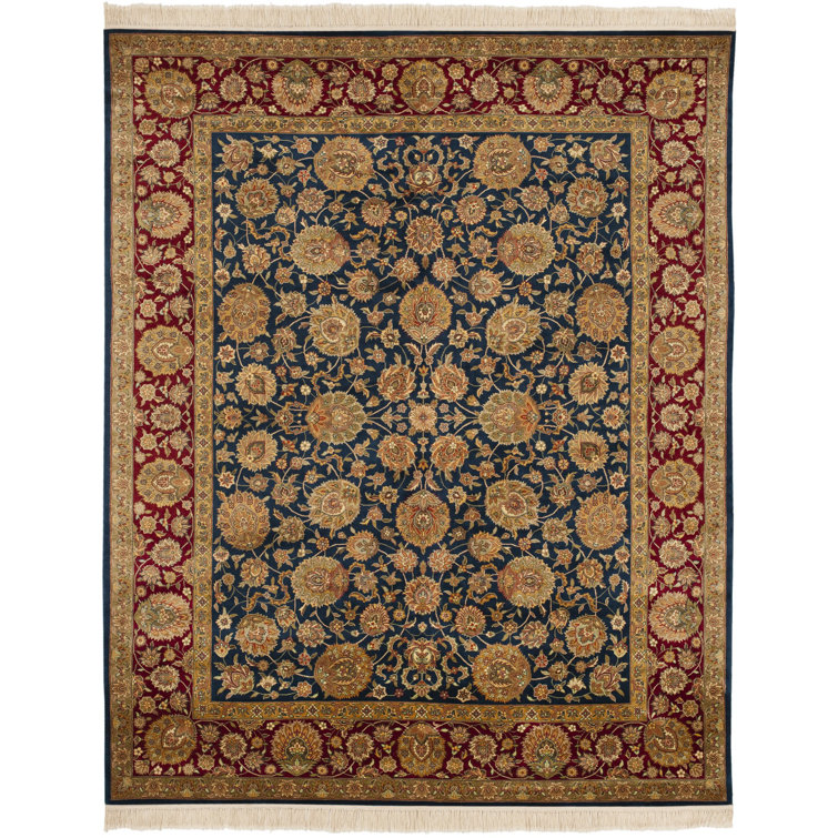 Elegant Kerman Blue and Red Hand-Knotted Wool Round Rug