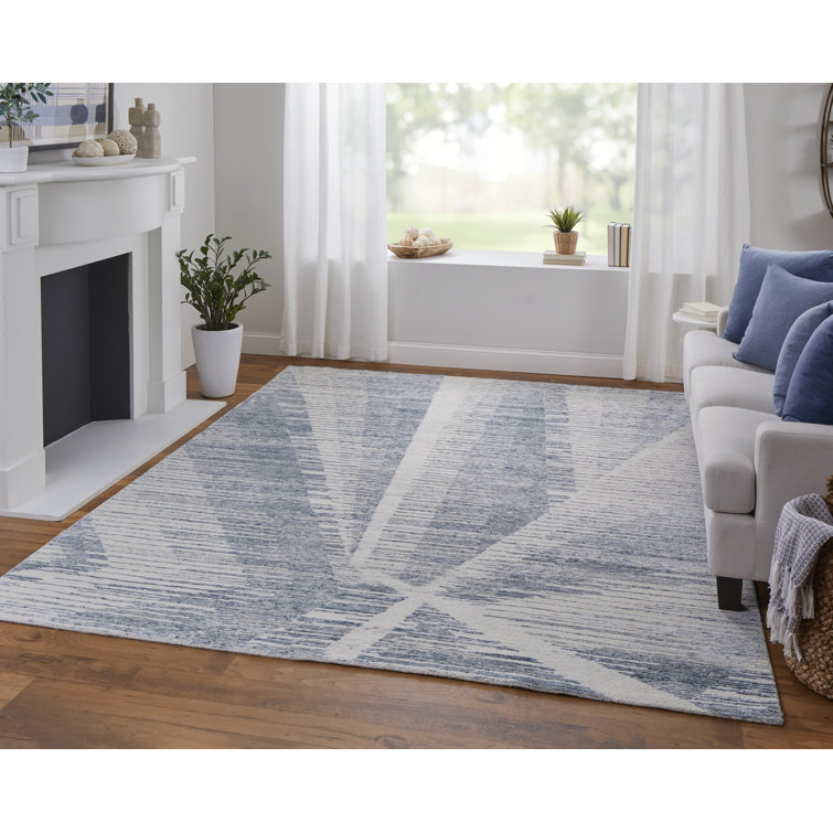 Ivory and Blue Hand-Knotted Wool and Viscose Abstract Rug