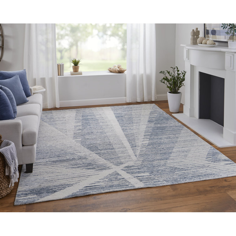 Ivory and Blue Hand-Knotted Wool and Viscose Abstract Rug