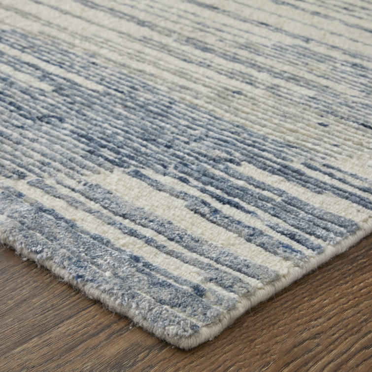 Ivory and Blue Hand-Knotted Wool and Viscose Abstract Rug