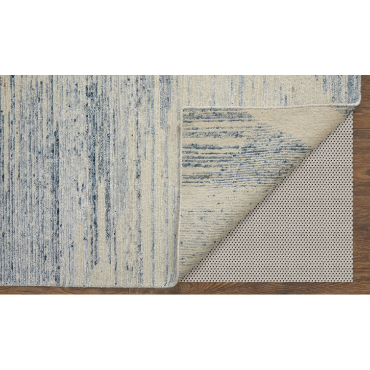Ivory and Blue Hand-Knotted Wool and Viscose Abstract Rug