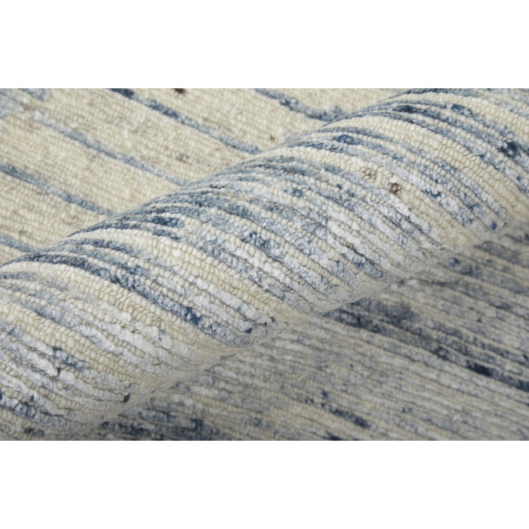 Ivory and Blue Hand-Knotted Wool and Viscose Abstract Rug