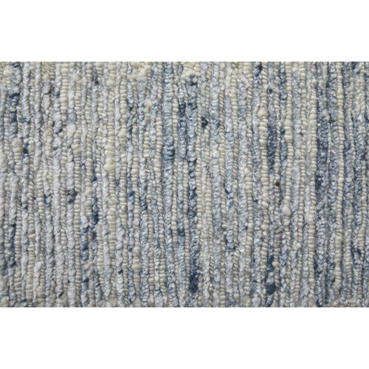 Ivory and Blue Hand-Knotted Wool and Viscose Abstract Rug