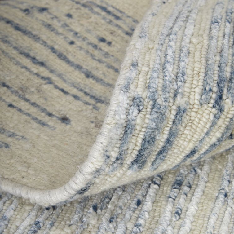 Ivory and Blue Hand-Knotted Wool and Viscose Abstract Rug