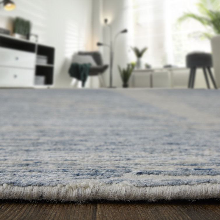 Ivory and Blue Hand-Knotted Wool and Viscose Abstract Rug