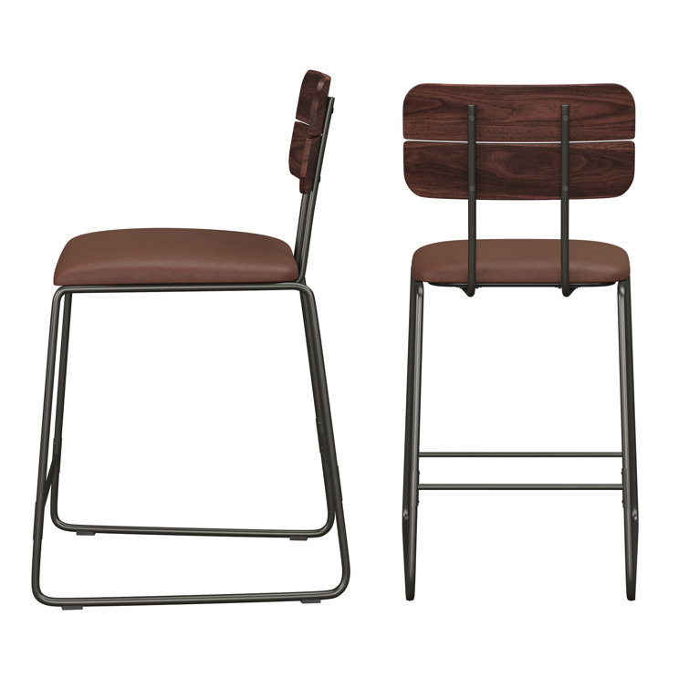 Brown Leather and Wood Swivel Counter Stool with Metal Frame