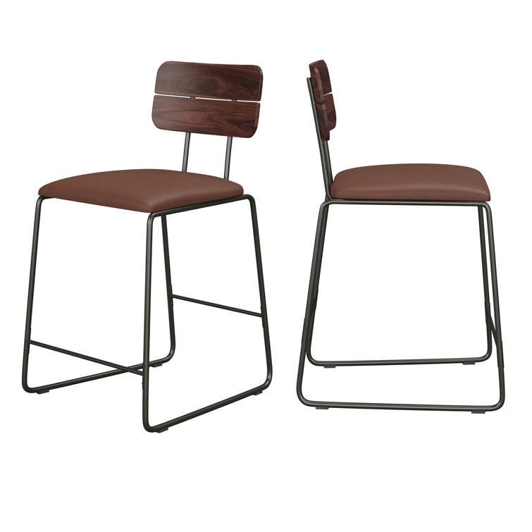 Brown Leather and Wood Swivel Counter Stool with Metal Frame