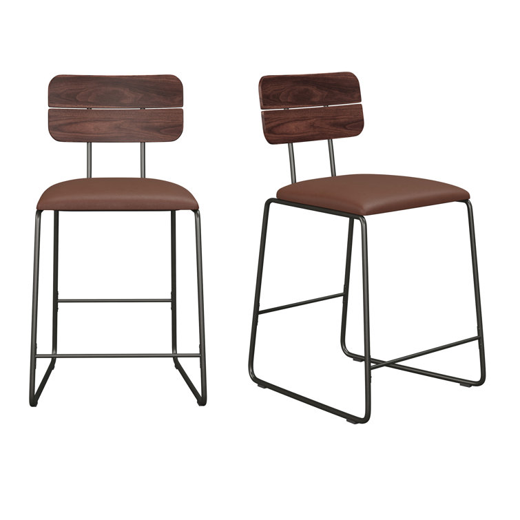 Brown Leather and Wood Swivel Counter Stool with Metal Frame