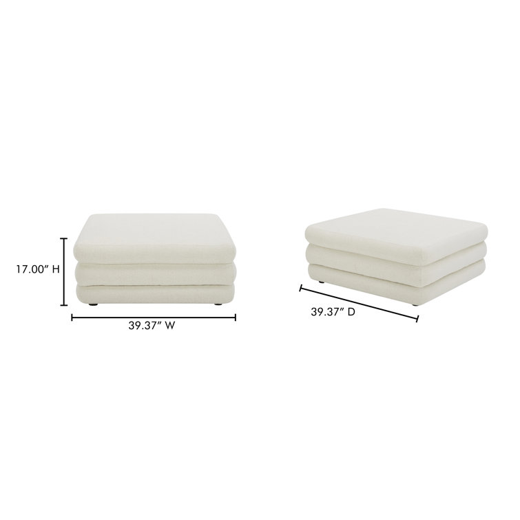Ivory Polyester Upholstered Cube Ottoman with Solid Wood Frame