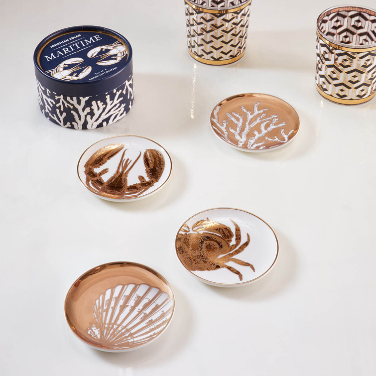 Maritime Gold and White Ceramic Coaster Set, 4 Pieces