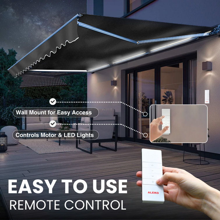 Motorized Silver Gray Patio Awning with LED Lights