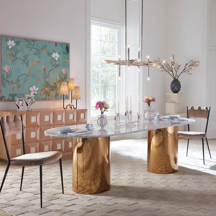 Oval White Marble Top Dining Table with Gold Pedestal Base