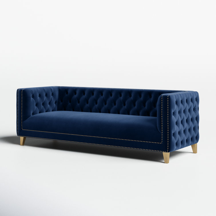 Michelle 90'' Navy Velvet Tufted Sofa with Gold Nailhead Trim