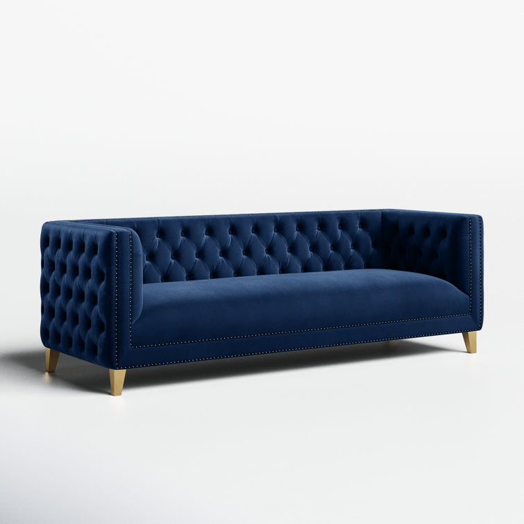 Michelle 90'' Navy Velvet Tufted Sofa with Gold Nailhead Trim