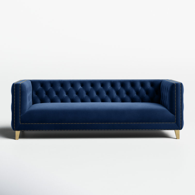 Michelle 90'' Navy Velvet Tufted Sofa with Gold Nailhead Trim
