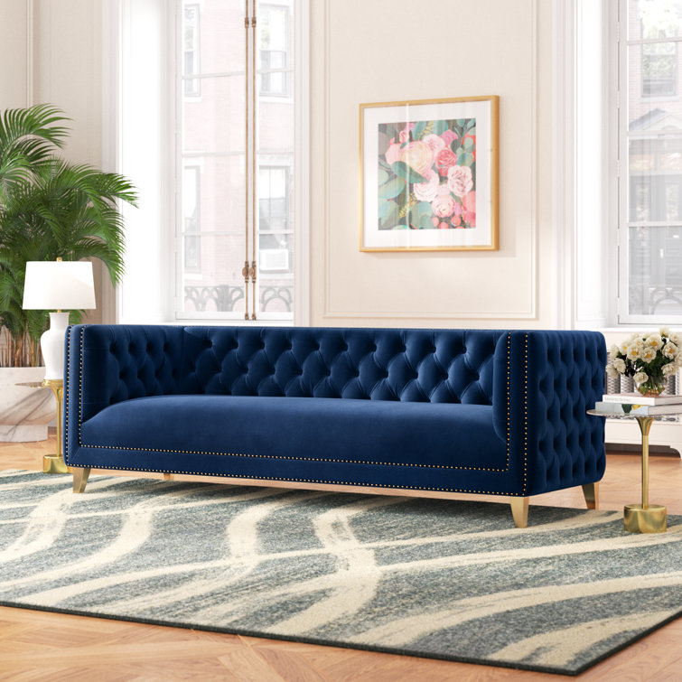 Michelle 90'' Navy Velvet Tufted Sofa with Gold Nailhead Trim