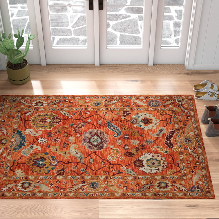 Handmade Orange Floral Wool Area Rug 8'6" x 12'
