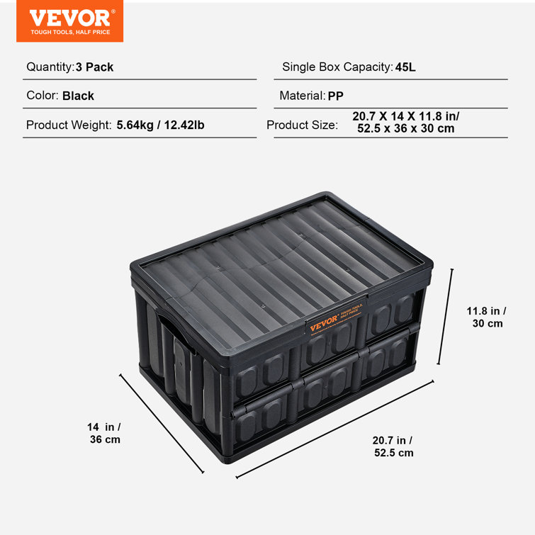 VEVOR 45L Black Collapsible Stackable Plastic Storage Crates