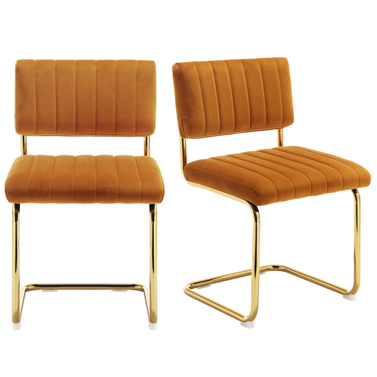Set of 2 Orange Velvet Upholstered Side Chairs with Gold Metal Legs