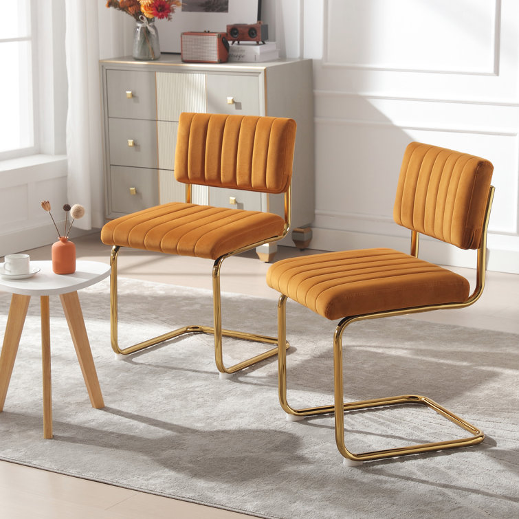 Set of 2 Orange Velvet Upholstered Side Chairs with Gold Metal Legs