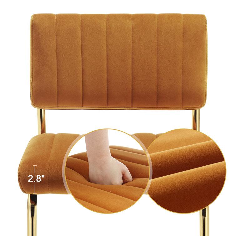 Set of 2 Orange Velvet Upholstered Side Chairs with Gold Metal Legs
