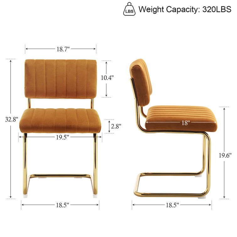 Set of 2 Orange Velvet Upholstered Side Chairs with Gold Metal Legs