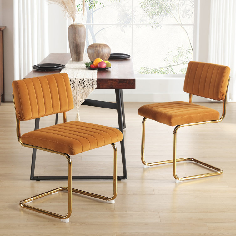 Set of 2 Orange Velvet Upholstered Side Chairs with Gold Metal Legs