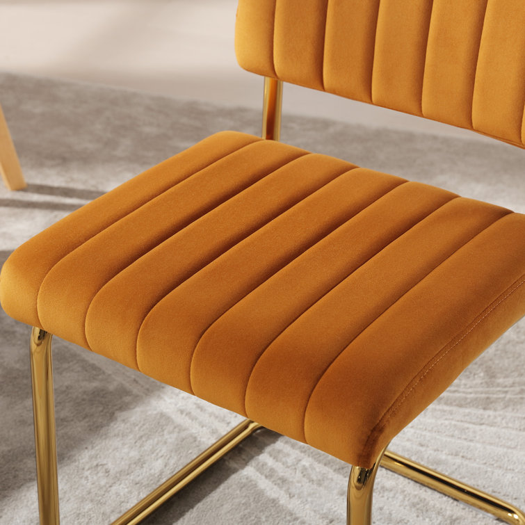 Set of 2 Orange Velvet Upholstered Side Chairs with Gold Metal Legs