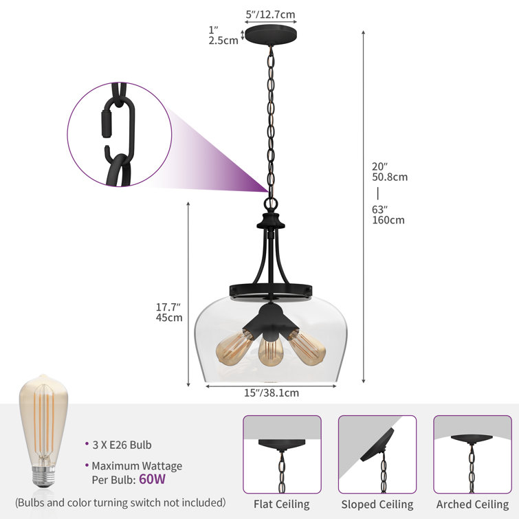 Matte Black 3-Light Pendant with Clear Glass Shade
