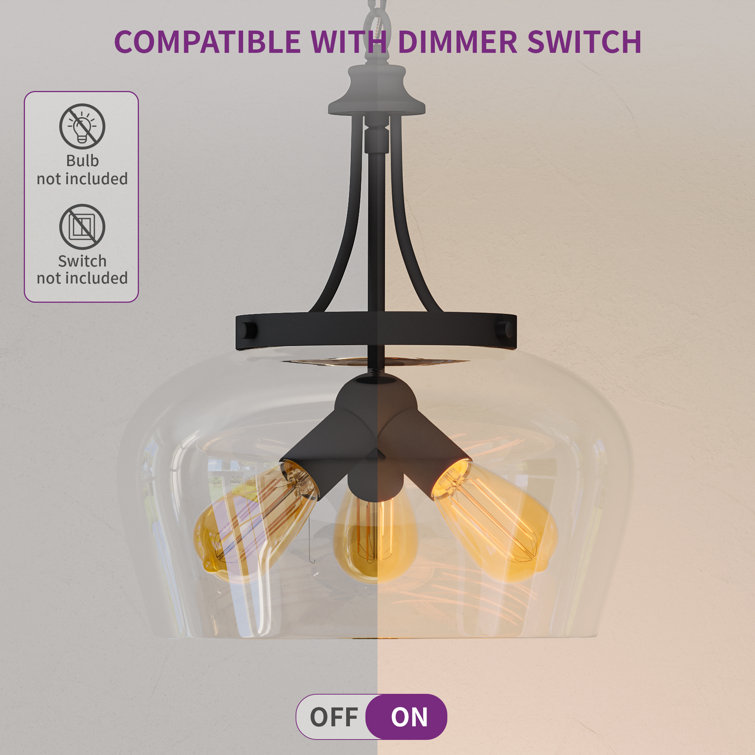 Matte Black 3-Light Pendant with Clear Glass Shade