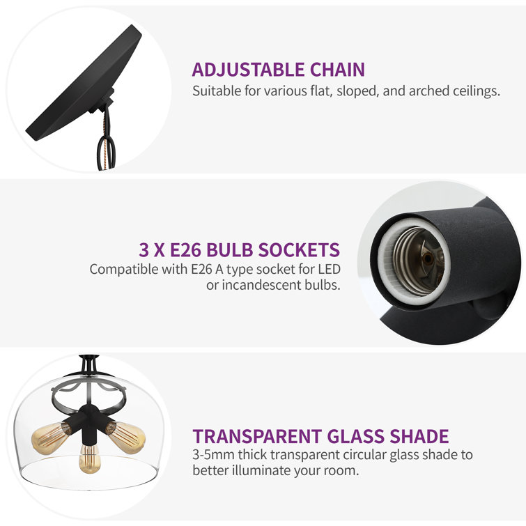 Matte Black 3-Light Pendant with Clear Glass Shade