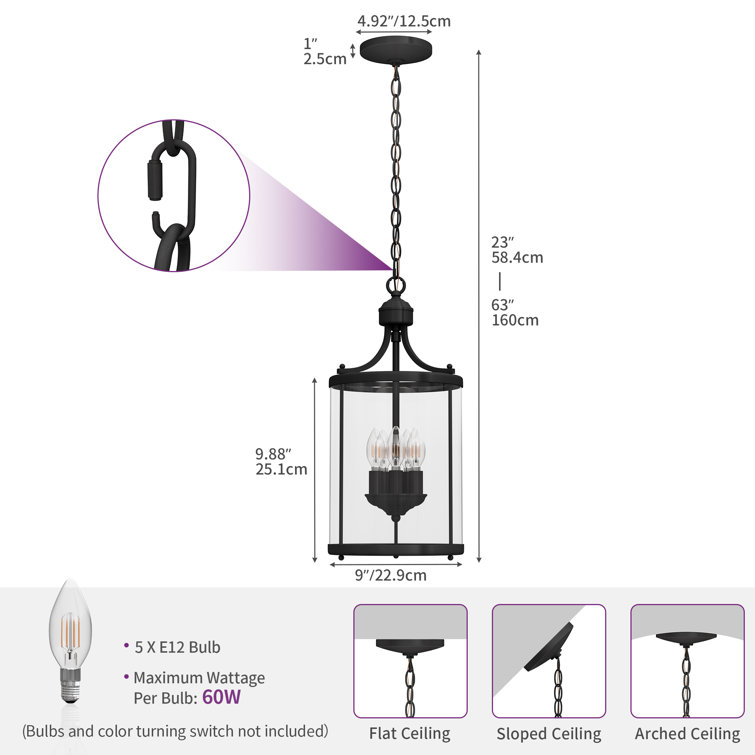 Matte Black Metal 5-Light Lantern Pendant Chandelier