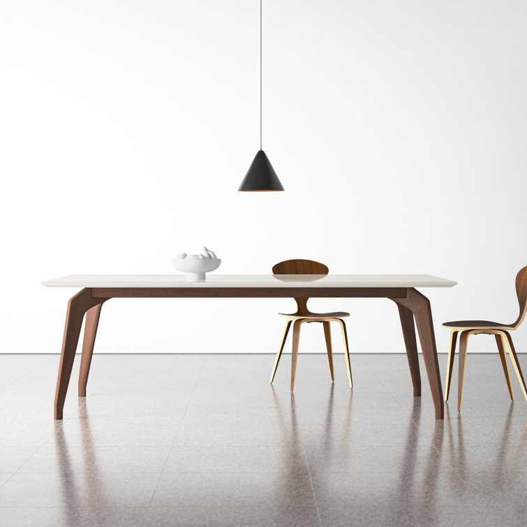 Rectangular Off-White Glass Top Dining Table with Nogal Wood Base