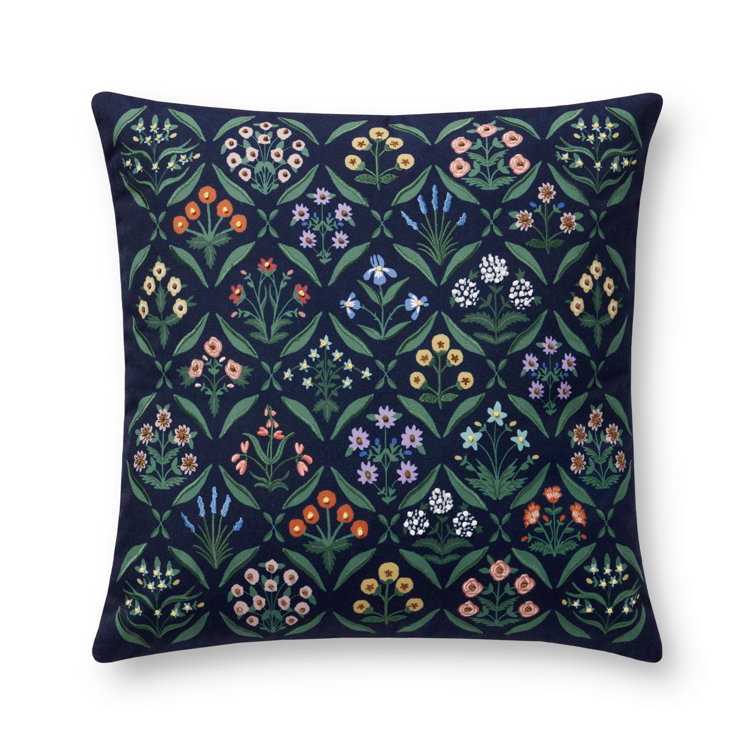 Navy Floral Embroidered Square Cotton Blend Throw Pillow
