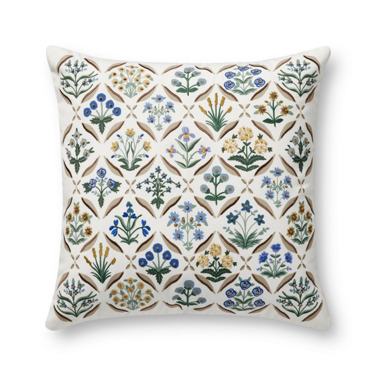 White and Multicolor Embroidered Floral 22" Pillow
