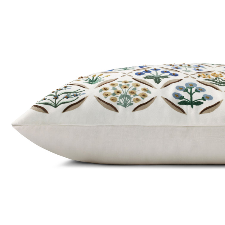 White and Multicolor Embroidered Floral 22" Pillow
