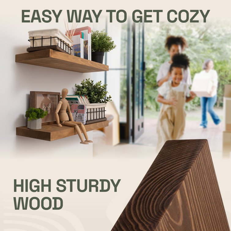 Walnut Pine Wood Floating Wall Shelves, Set of 2