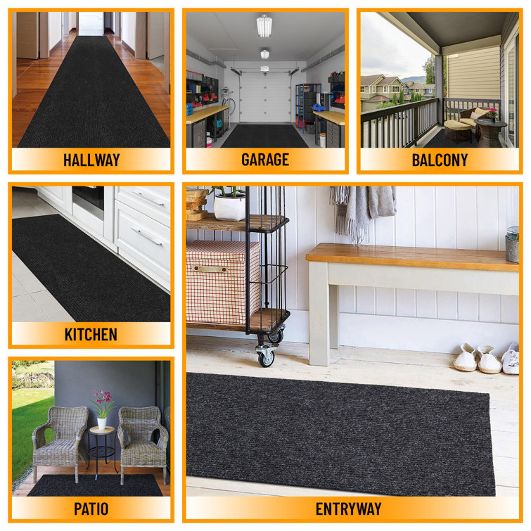 Modern Utility Black Synthetic 31x118 Ribbed Indoor/Outdoor Runner Rug
