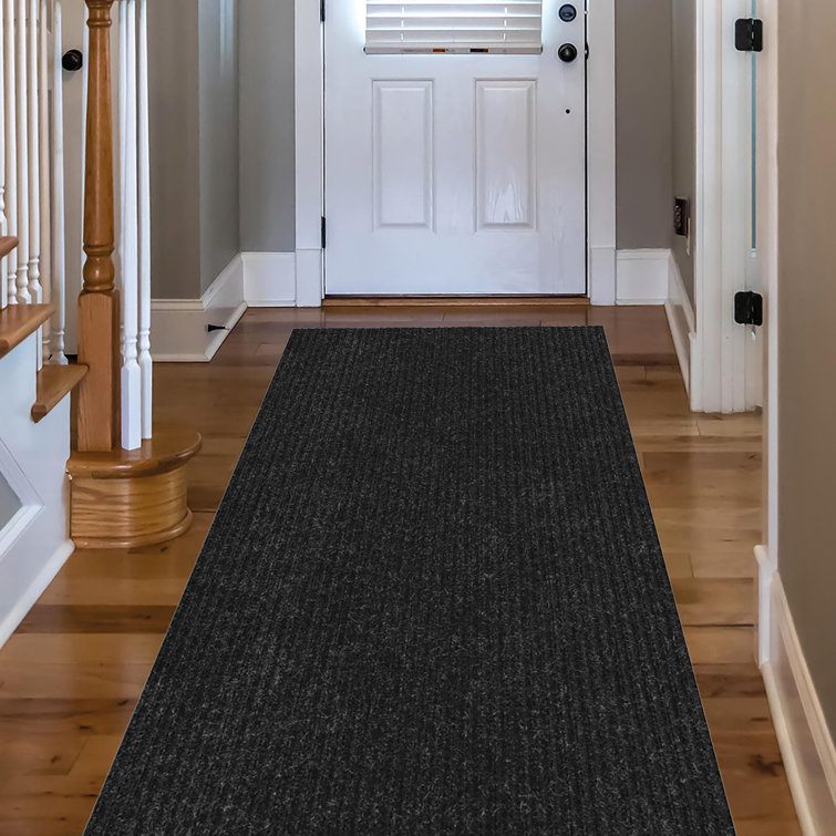 Modern Utility Black Synthetic 31x118 Ribbed Indoor/Outdoor Runner Rug