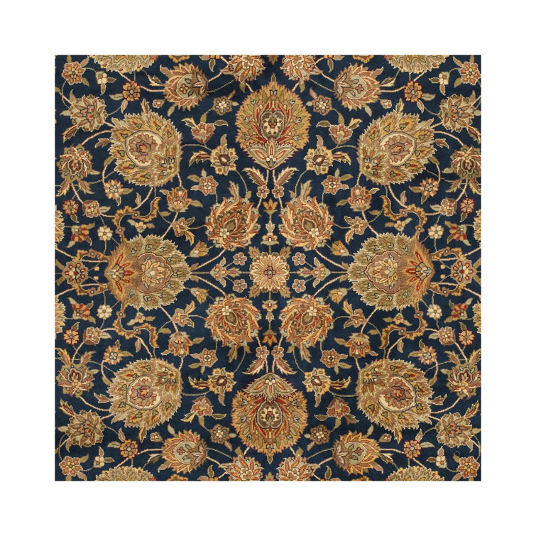 Elegant Kerman Blue and Red Hand-Knotted Wool Round Rug