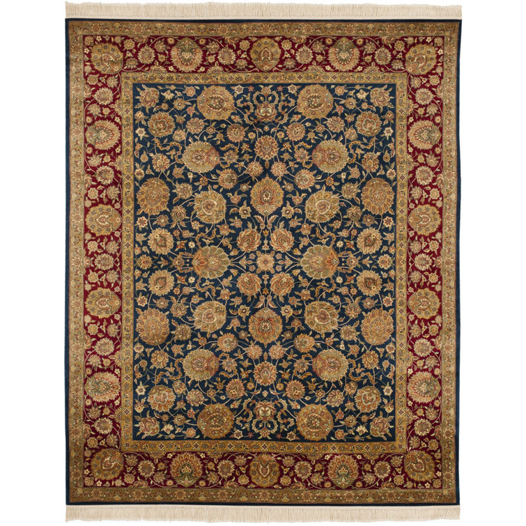 Elegant Kerman Blue and Red Hand-Knotted Wool Round Rug