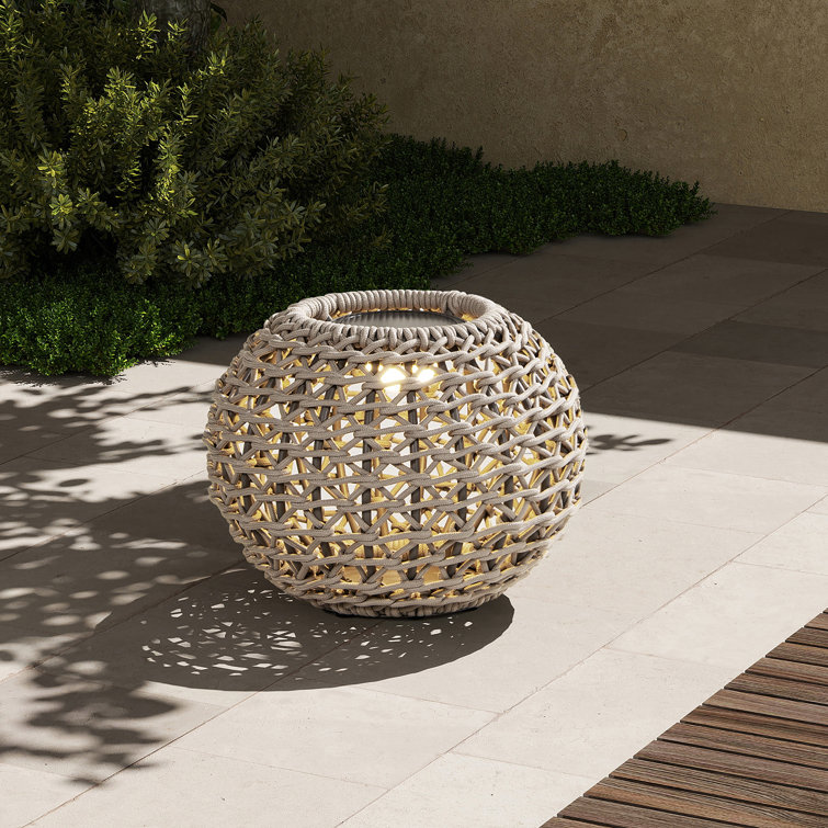 Willow 13'' Light Beige Olefin Woven Globe Lantern with LED Light