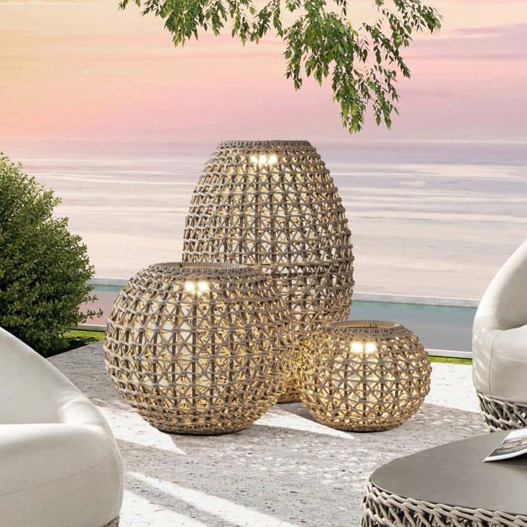 Willow 13'' Light Beige Olefin Woven Globe Lantern with LED Light