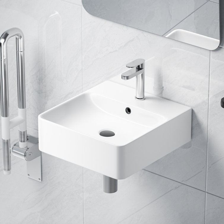 Crisp White Ceramic Square Wall-Mount Bathroom Sink with Overflow
