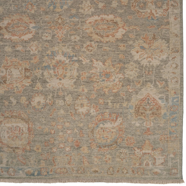 Hand-Knotted Gray and Brown Wool Floral Motif Area Rug