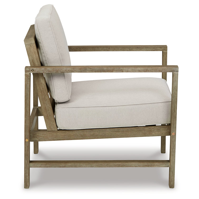 Transitional Eucalyptus Wood Lounge Chair with Beige Cushions