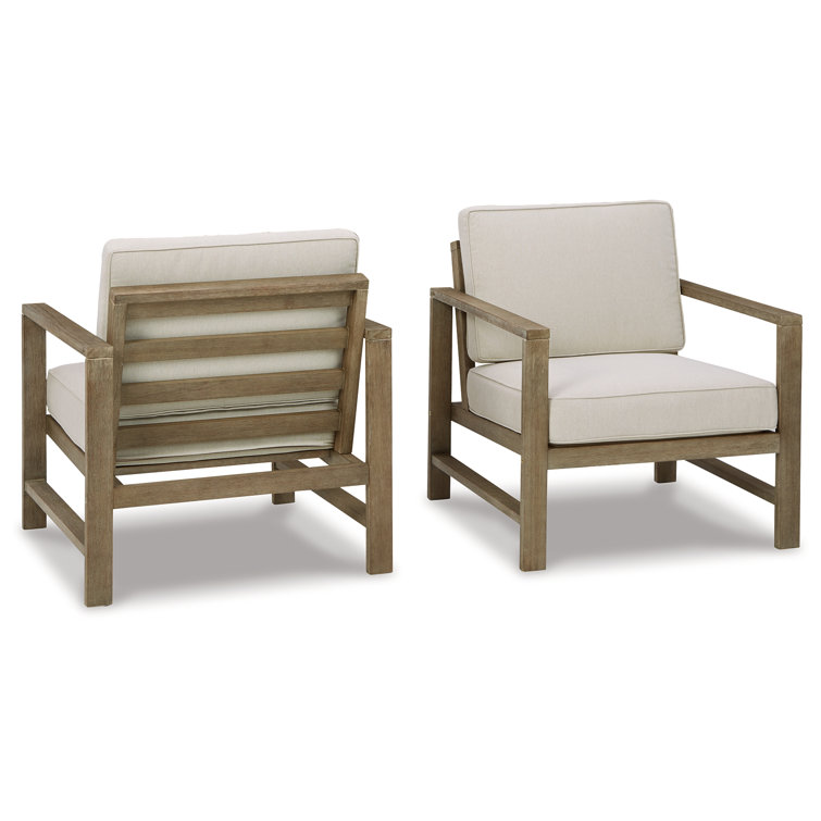 Transitional Eucalyptus Wood Lounge Chair with Beige Cushions